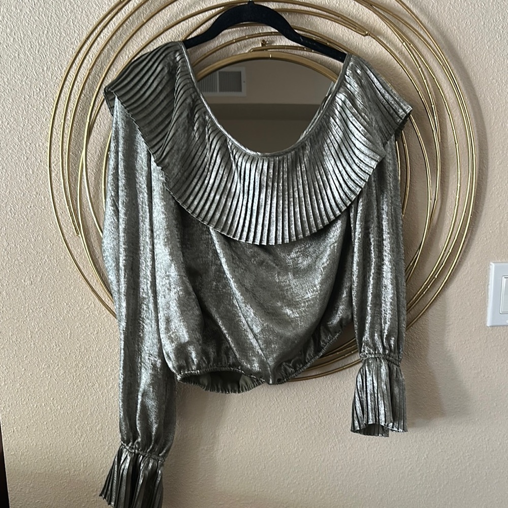 Ramy Brook Elegant Silver/Green  Pleated Women's Top